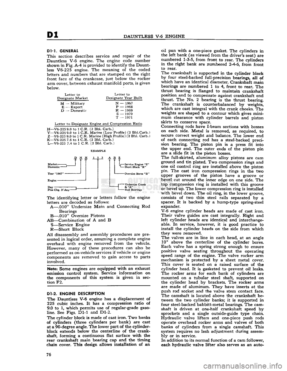 JEEP DJ 1953 Service Manual
Dl
DAUNTLESS
V-6
ENGINE
DM.
GENERAL
This
section describes service and repair of the
Dauntless V-6 engine. The
engine
code
number shown in
Fig.
A-4 is provided to identify the Daunt JEEP DJ 1953 Service Manual
Dl
DAUNTLESS
V-6
ENGINE
DM.
GENERAL
This
section describes service and repair of the
Dauntless V-6 engine. The
engine
code
number shown in
Fig.
A-4 is provided to identify the Daunt