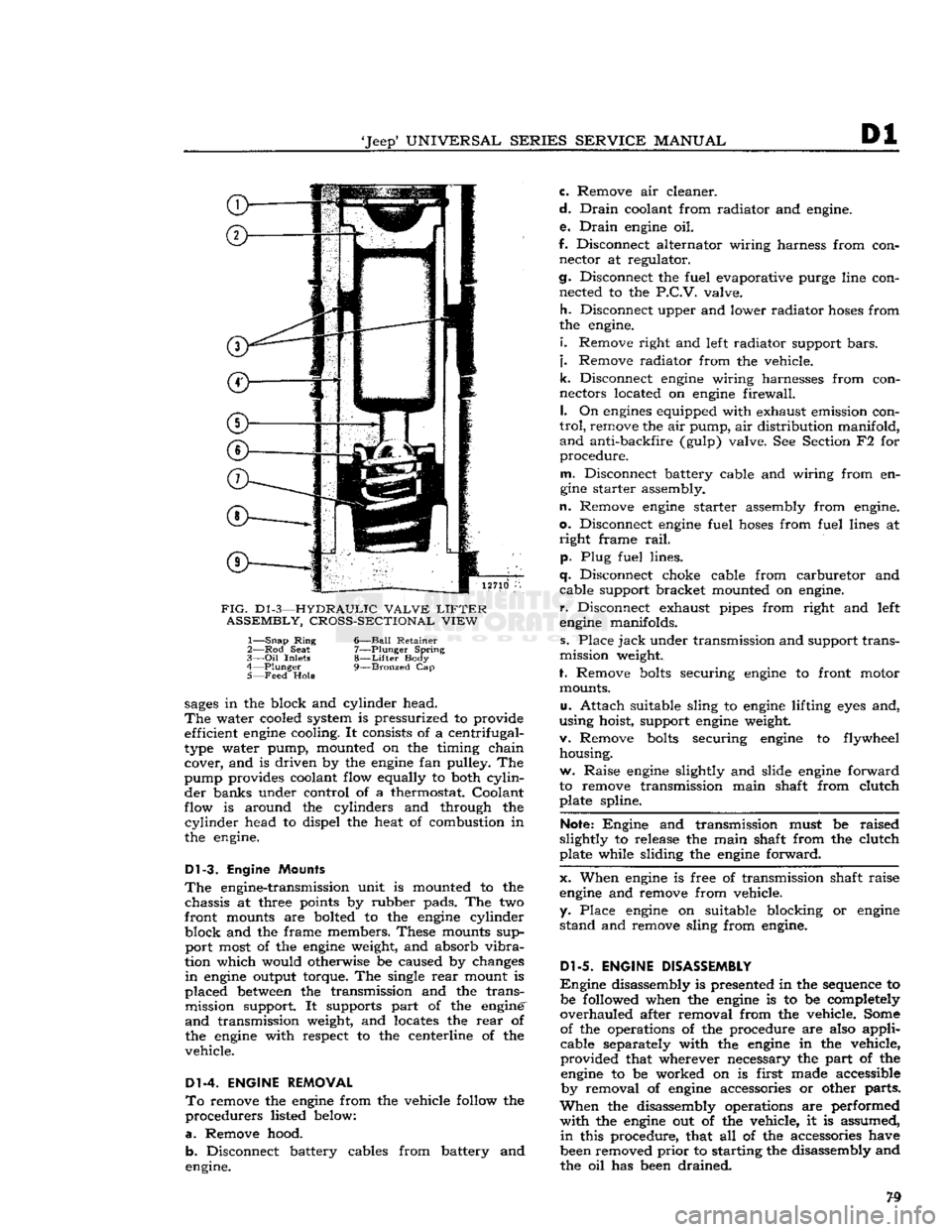 JEEP DJ 1953  Service Manual 
Jeep*
 UNIVERSAL SERIES SERVICE
 MANUAL 

Dl 

12710 

FIG.
 D1
 -3—HYDRAULIC VALVE
 LIFTER 
 ASSEMBLY, CROSS-SECTIONAL VIEW 
1—
 Snap
 Ring
 6—Ball Retainer 

2— Rod
 Seat
 7—Plunger Spri