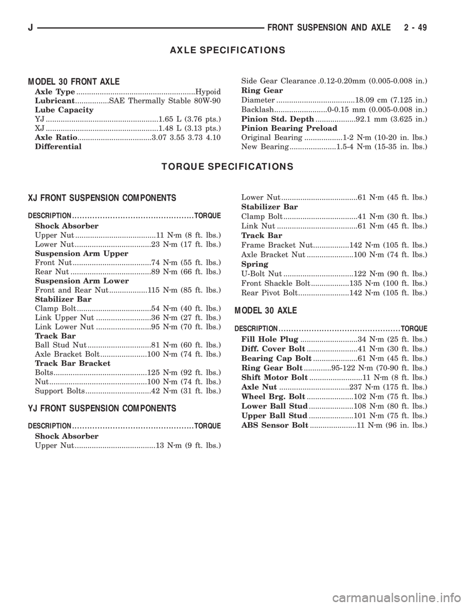 JEEP XJ 1995  Service And Repair Manual AXLE SPECIFICATIONS
MODEL 30 FRONT AXLE
Axle Type........................................................Hypoid
Lubricant................SAE Thermally Stable 80W-90
Lube Capacity
YJ ..................