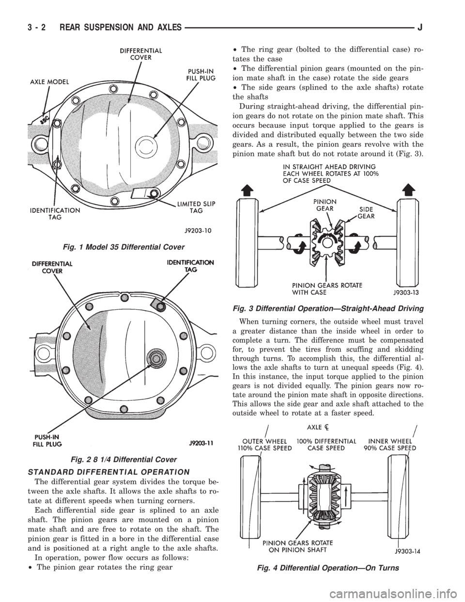 JEEP XJ 1995  Service And Repair Manual STANDARD DIFFERENTIAL OPERATION
The differential gear system divides the torque be-
tween the axle shafts. It allows the axle shafts to ro-
tate at different speeds when turning corners.
Each differen