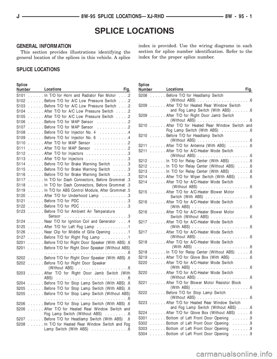 JEEP XJ 1995  Service And Manual Online SPLICE LOCATIONS
GENERAL INFORMATION
This section provides illustrations identifying the
general location of the splices in this vehicle. A spliceindex is provided. Use the wiring diagrams in each
sec