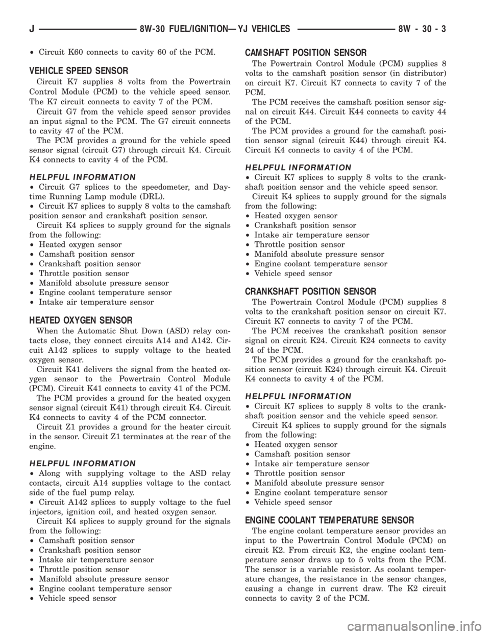 JEEP XJ 1995  Service And Owners Manual ²Circuit K60 connects to cavity 60 of the PCM.
VEHICLE SPEED SENSOR
Circuit K7 supplies 8 volts from the Powertrain
Control Module (PCM) to the vehicle speed sensor.
The K7 circuit connects to cavity