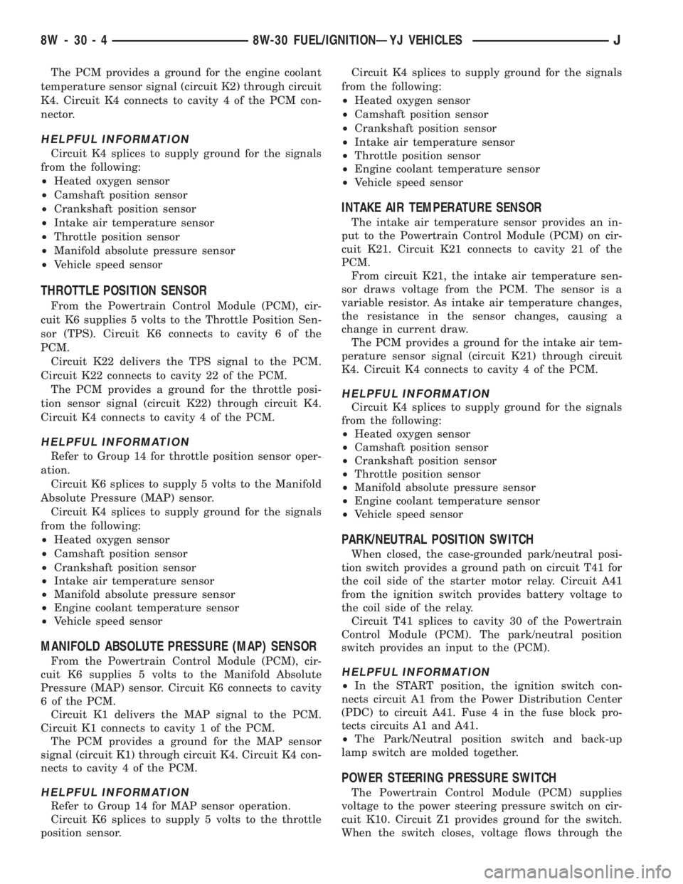 JEEP XJ 1995  Service And Owners Manual The PCM provides a ground for the engine coolant
temperature sensor signal (circuit K2) through circuit
K4. Circuit K4 connects to cavity 4 of the PCM con-
nector.
HELPFUL INFORMATION
Circuit K4 splic