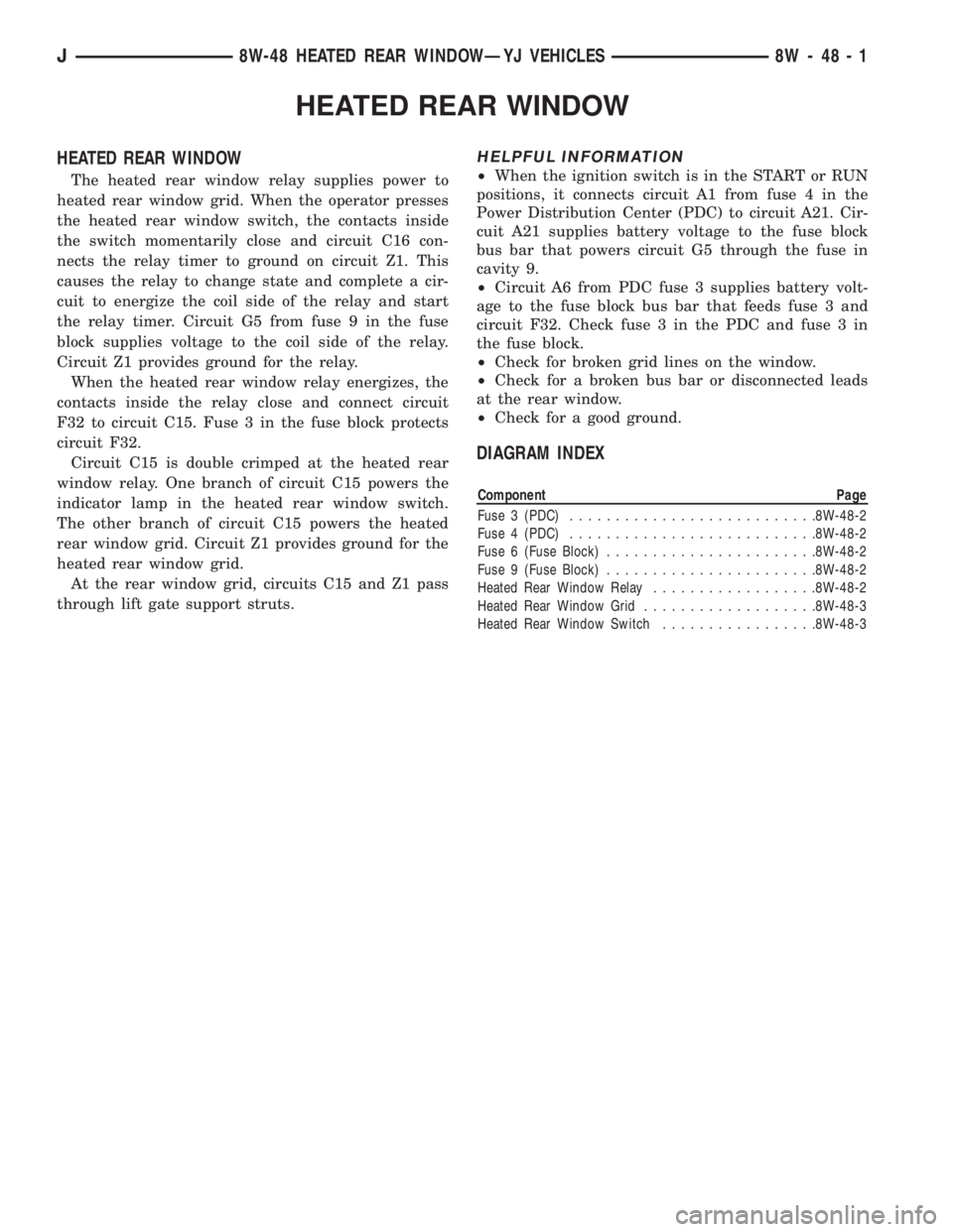JEEP XJ 1995  Service And Repair Manual HEATED REAR WINDOW
HEATED REAR WINDOW
The heated rear window relay supplies power to
heated rear window grid. When the operator presses
the heated rear window switch, the contacts inside
the switch mo