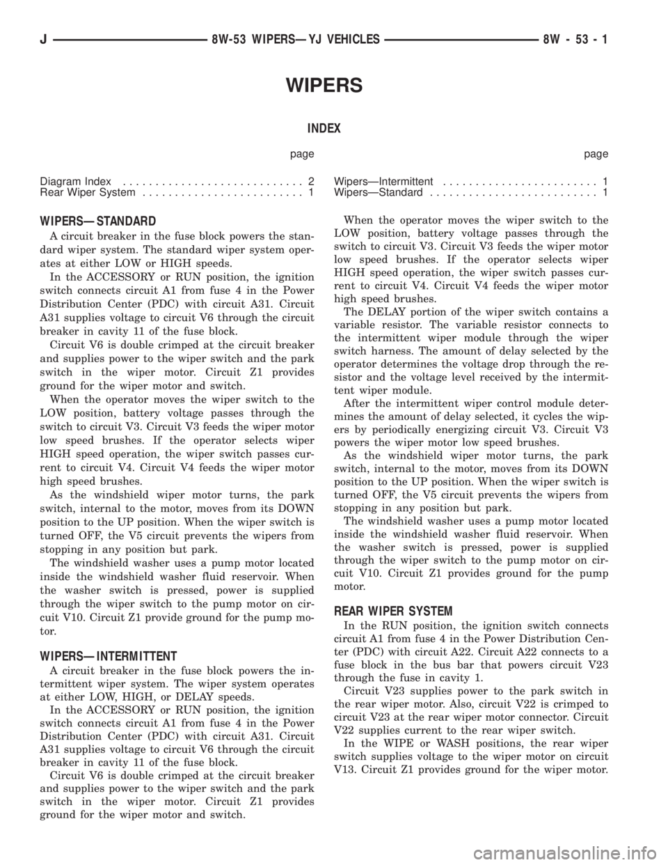 JEEP XJ 1995  Service And Repair Manual WIPERS
INDEX
page page
Diagram Index............................ 2
Rear Wiper System......................... 1WipersÐIntermittent........................ 1
WipersÐStandard..........................