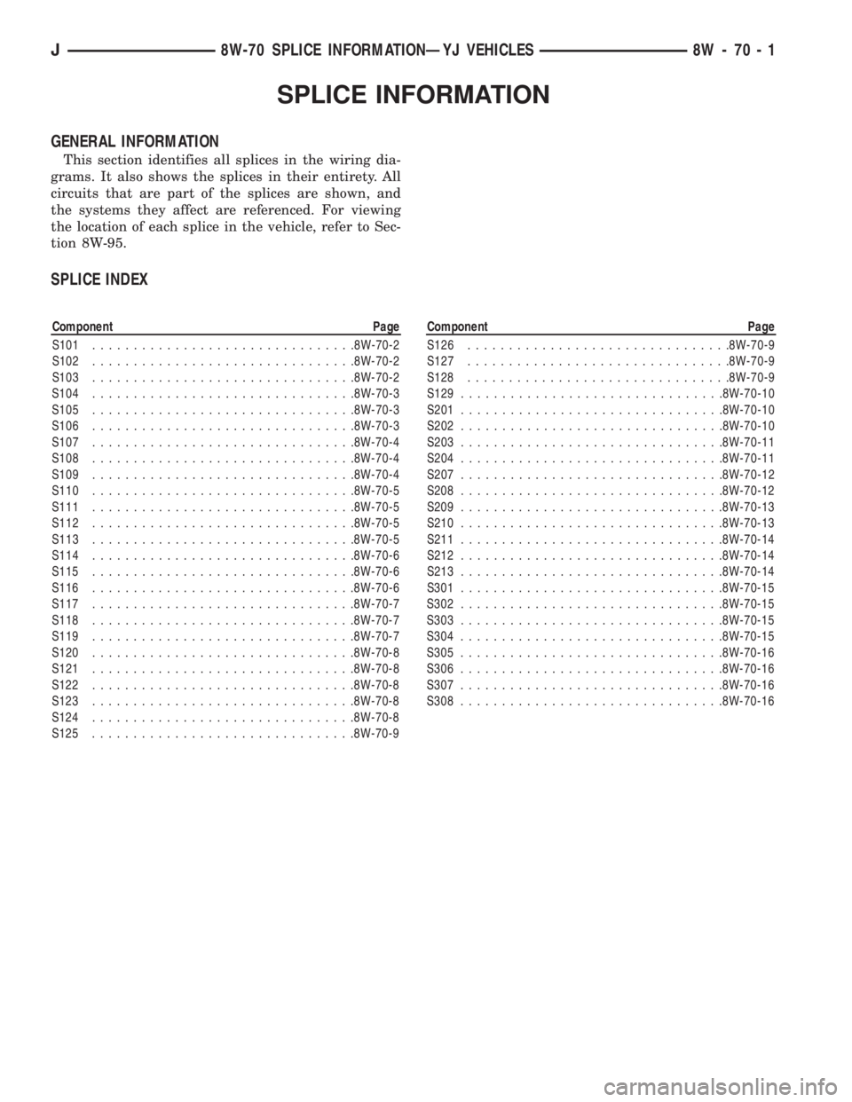 JEEP XJ 1995  Service And Repair Manual SPLICE INFORMATION
GENERAL INFORMATION
This section identifies all splices in the wiring dia-
grams. It also shows the splices in their entirety. All
circuits that are part of the splices are shown, a