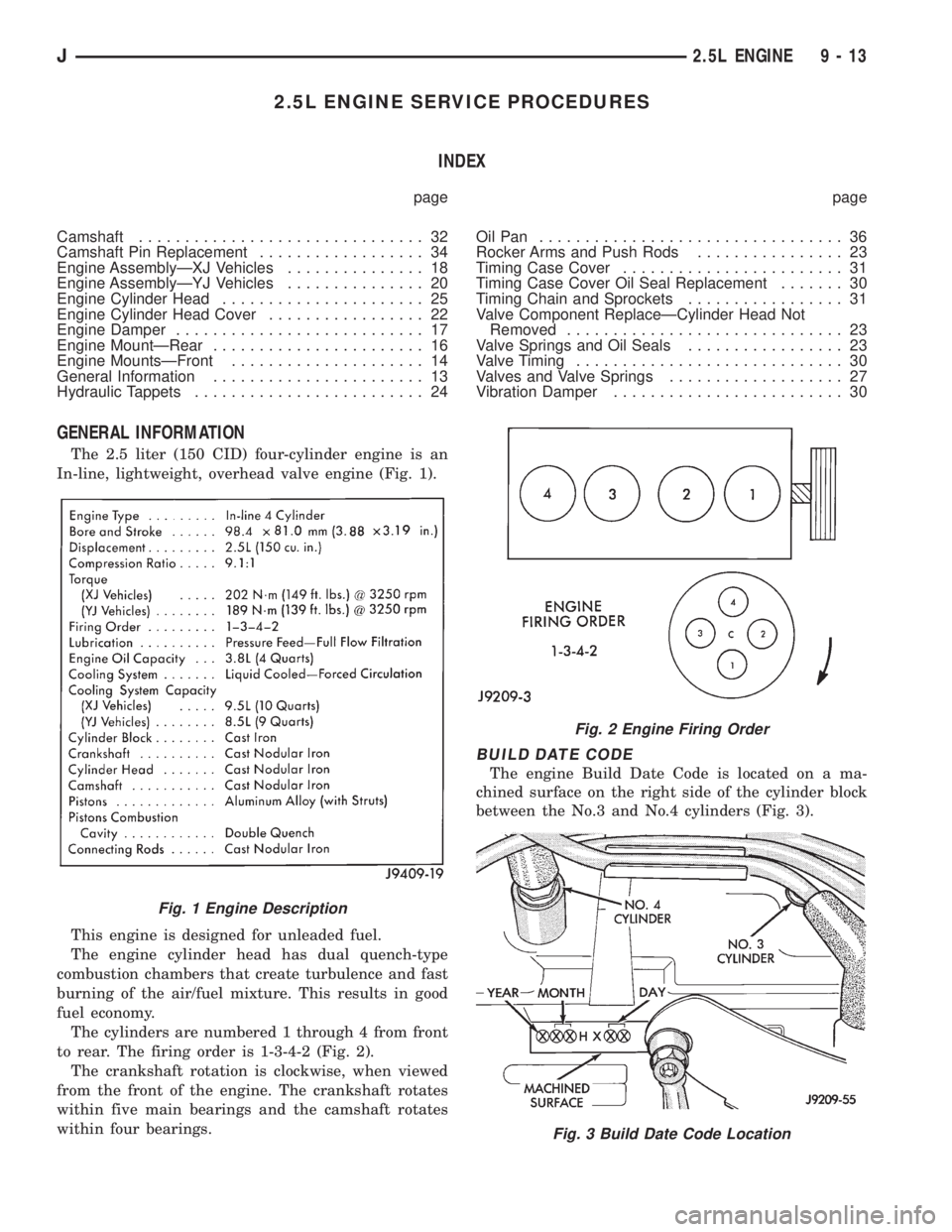 JEEP XJ 1995 Service And Repair Manual 2.5L ENGINE SERVICE PROCEDURES
INDEX
page page
Camshaft............................... 32
Camshaft Pin Replacement.................. 34
Engine AssemblyÐXJ Vehicles............... 18
Engine AssemblyÐ JEEP XJ 1995 Service And Repair Manual 2.5L ENGINE SERVICE PROCEDURES
INDEX
page page
Camshaft............................... 32
Camshaft Pin Replacement.................. 34
Engine AssemblyÐXJ Vehicles............... 18
Engine AssemblyÐ