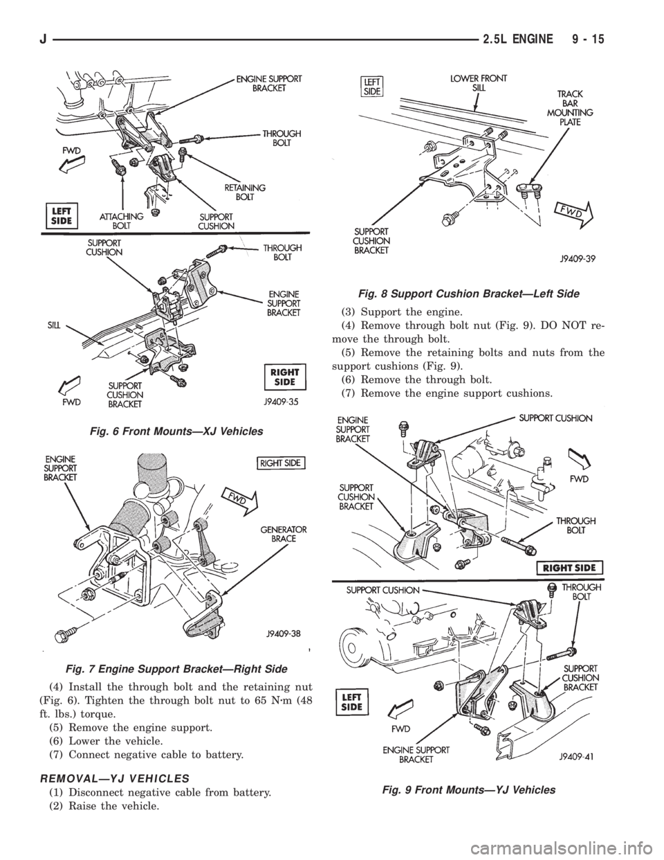 JEEP XJ 1995 Service And Repair Manual (4) Install the through bolt and the retaining nut
(Fig. 6). Tighten the through bolt nut to 65 Nzm (48
ft. lbs.) torque.
(5) Remove the engine support.
(6) Lower the vehicle.
(7) Connect negative cab JEEP XJ 1995 Service And Repair Manual (4) Install the through bolt and the retaining nut
(Fig. 6). Tighten the through bolt nut to 65 Nzm (48
ft. lbs.) torque.
(5) Remove the engine support.
(6) Lower the vehicle.
(7) Connect negative cab