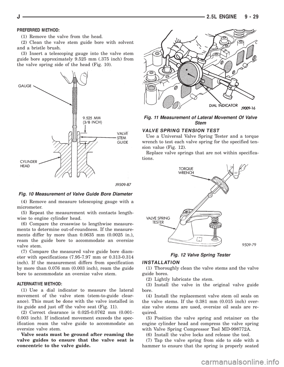 JEEP XJ 1995 Service And Repair Manual PREFERRED METHOD:
(1) Remove the valve from the head.
(2) Clean the valve stem guide bore with solvent
and a bristle brush.
(3) Insert a telescoping gauge into the valve stem
guide bore approximately JEEP XJ 1995 Service And Repair Manual PREFERRED METHOD:
(1) Remove the valve from the head.
(2) Clean the valve stem guide bore with solvent
and a bristle brush.
(3) Insert a telescoping gauge into the valve stem
guide bore approximately