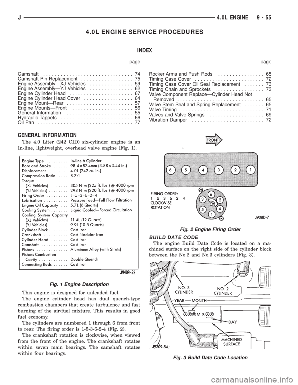 JEEP XJ 1995 Service And Repair Manual 4.0L ENGINE SERVICE PROCEDURES
INDEX
page page
Camshaft............................... 74
Camshaft Pin Replacement.................. 75
Engine AssemblyÐXJ Vehicles............... 59
Engine AssemblyÐ JEEP XJ 1995 Service And Repair Manual 4.0L ENGINE SERVICE PROCEDURES
INDEX
page page
Camshaft............................... 74
Camshaft Pin Replacement.................. 75
Engine AssemblyÐXJ Vehicles............... 59
Engine AssemblyÐ
