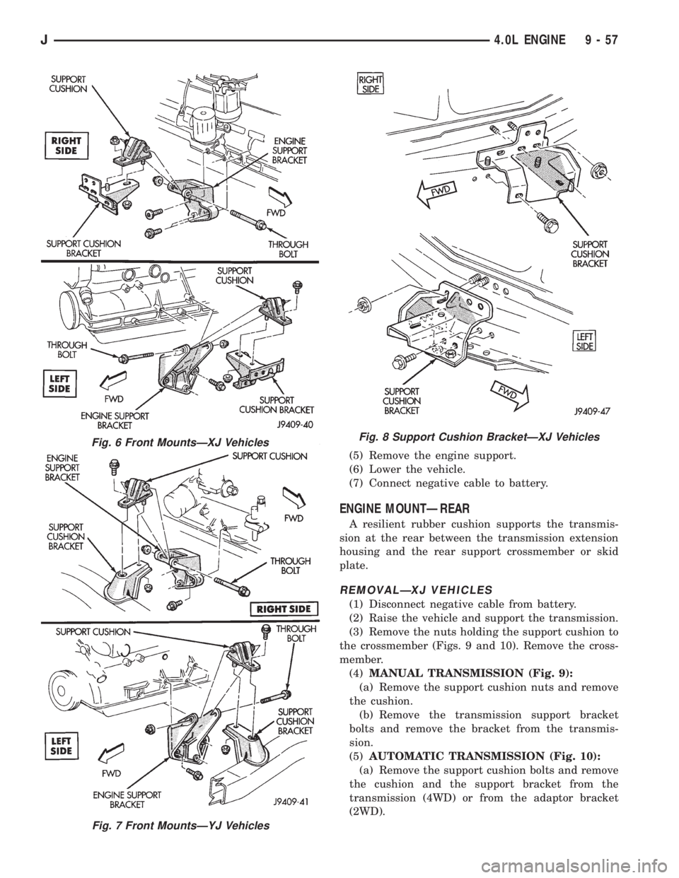 JEEP XJ 1995 Service And Repair Manual (5) Remove the engine support.
(6) Lower the vehicle.
(7) Connect negative cable to battery.
ENGINE MOUNTÐREAR
A resilient rubber cushion supports the transmis-
sion at the rear between the transmiss JEEP XJ 1995 Service And Repair Manual (5) Remove the engine support.
(6) Lower the vehicle.
(7) Connect negative cable to battery.
ENGINE MOUNTÐREAR
A resilient rubber cushion supports the transmis-
sion at the rear between the transmiss