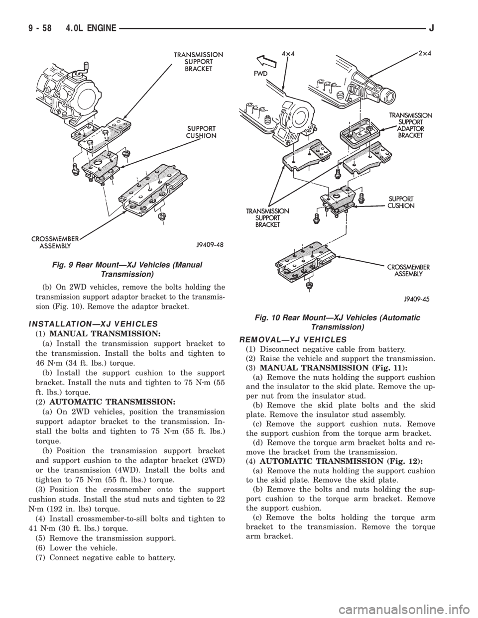 JEEP XJ 1995 Service And Repair Manual (b) On 2WD vehicles, remove the bolts holding the
transmission support adaptor bracket to the transmis-
sion (Fig. 10). Remove the adaptor bracket.
INSTALLATIONÐXJ VEHICLES
(1)MANUAL TRANSMISSION:
(a JEEP XJ 1995 Service And Repair Manual (b) On 2WD vehicles, remove the bolts holding the
transmission support adaptor bracket to the transmis-
sion (Fig. 10). Remove the adaptor bracket.
INSTALLATIONÐXJ VEHICLES
(1)MANUAL TRANSMISSION:
(a