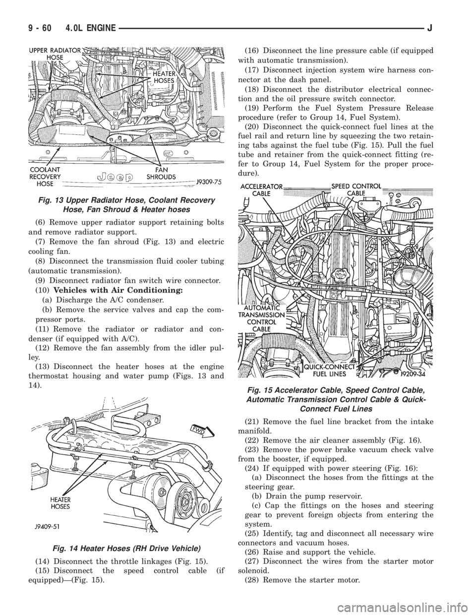 JEEP XJ 1995  Service And Repair Manual (6) Remove upper radiator support retaining bolts
and remove radiator support.
(7) Remove the fan shroud (Fig. 13) and electric
cooling fan.
(8) Disconnect the transmission fluid cooler tubing
(automa