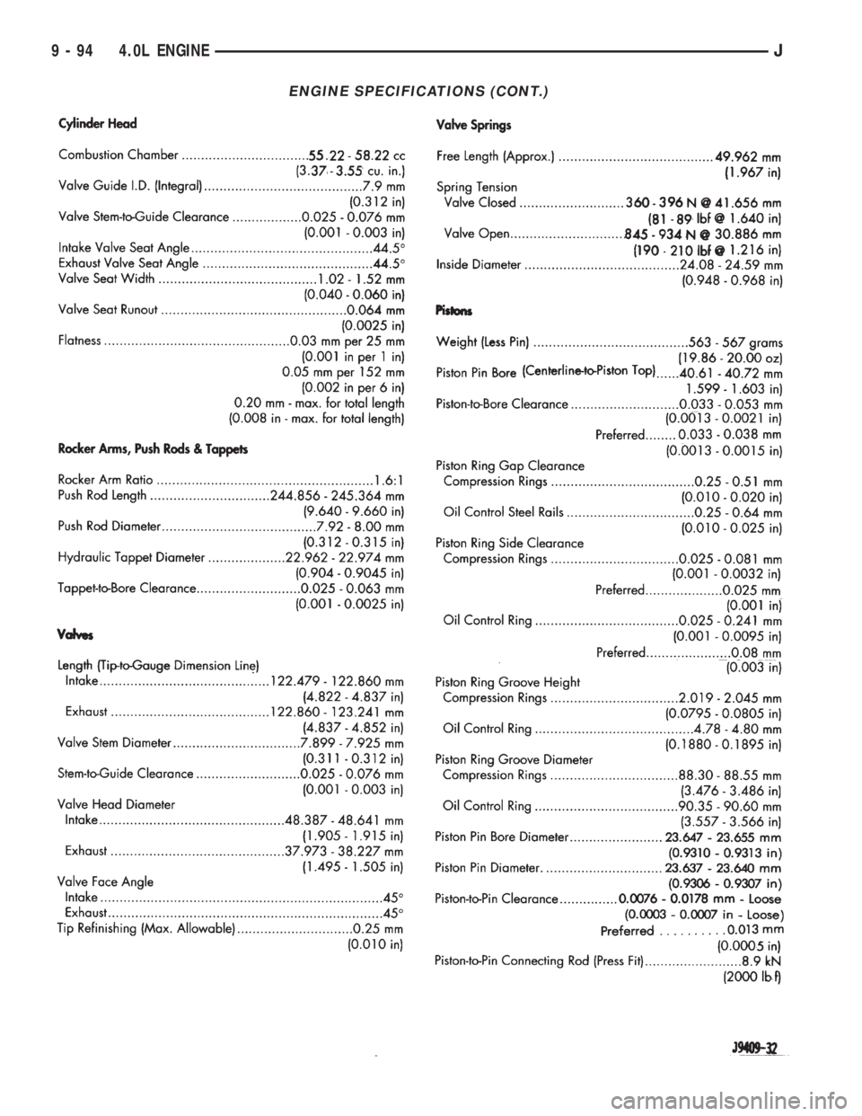 JEEP XJ 1995 Service And Repair Manual ENGINE SPECIFICATIONS (CONT.)
9 - 94 4.0L ENGINEJ JEEP XJ 1995 Service And Repair Manual ENGINE SPECIFICATIONS (CONT.)
9 - 94 4.0L ENGINEJ