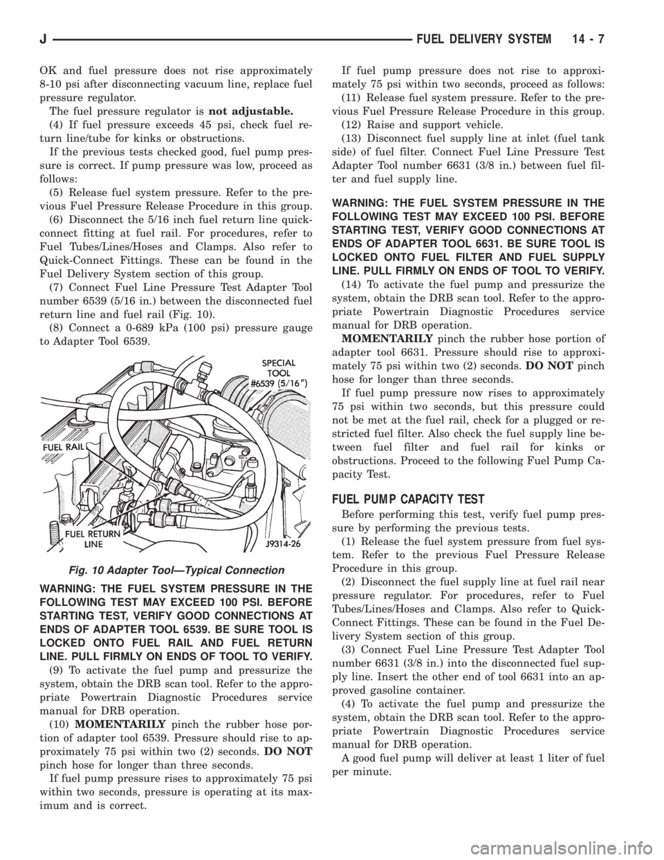 JEEP XJ 1995  Service And Service Manual OK and fuel pressure does not rise approximately
8-10 psi after disconnecting vacuum line, replace fuel
pressure regulator.
The fuel pressure regulator isnot adjustable.
(4) If fuel pressure exceeds 4