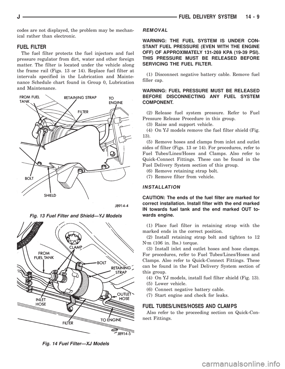 JEEP XJ 1995 Service And Repair Manual codes are not displayed, the problem may be mechan-
ical rather than electronic.
FUEL FILTER
The fuel filter protects the fuel injectors and fuel
pressure regulator from dirt, water and other foreign
JEEP XJ 1995 Service And Repair Manual codes are not displayed, the problem may be mechan-
ical rather than electronic.
FUEL FILTER
The fuel filter protects the fuel injectors and fuel
pressure regulator from dirt, water and other foreign