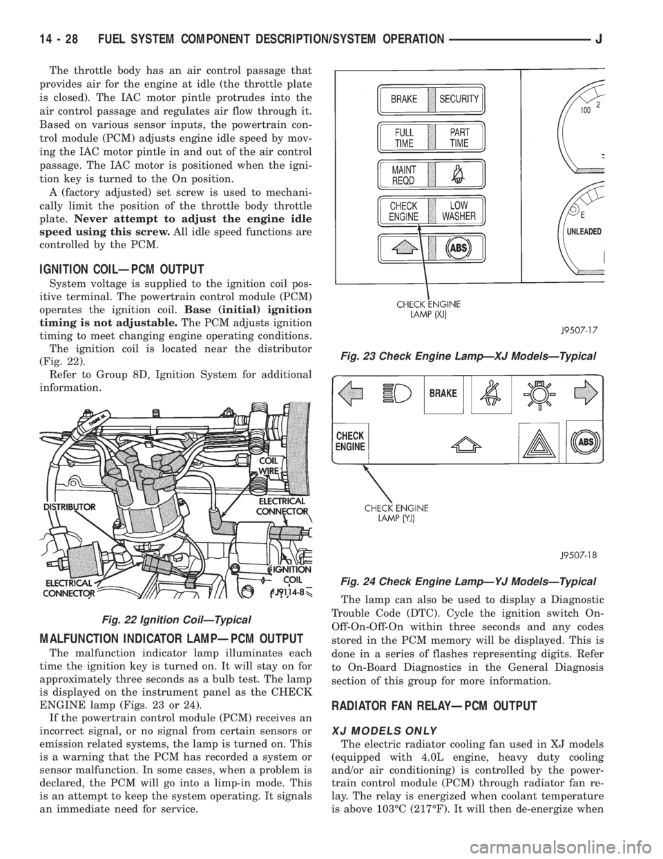 JEEP XJ 1995  Service And Repair Manual The throttle body has an air control passage that
provides air for the engine at idle (the throttle plate
is closed). The IAC motor pintle protrudes into the
air control passage and regulates air flow