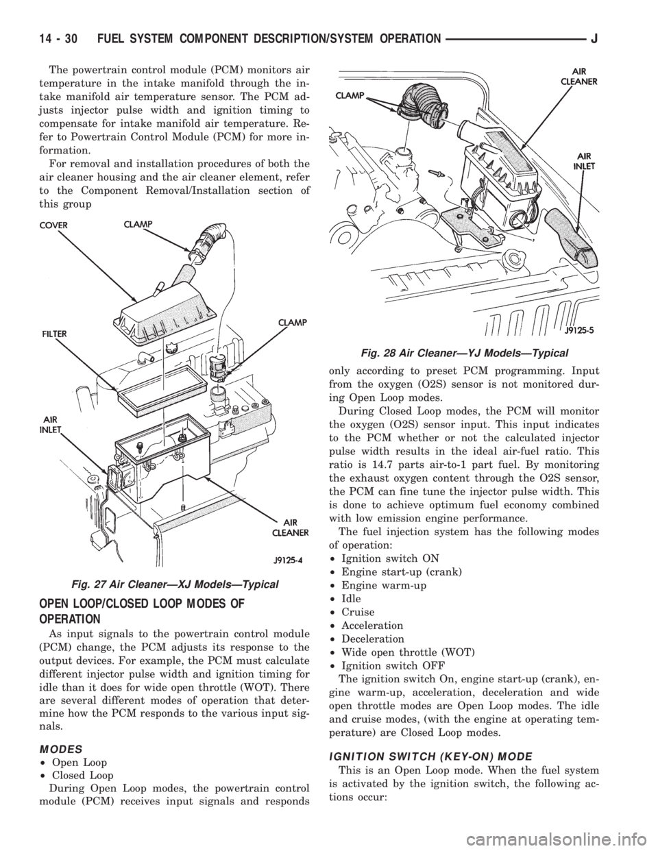 JEEP XJ 1995  Service And Repair Manual The powertrain control module (PCM) monitors air
temperature in the intake manifold through the in-
take manifold air temperature sensor. The PCM ad-
justs injector pulse width and ignition timing to
