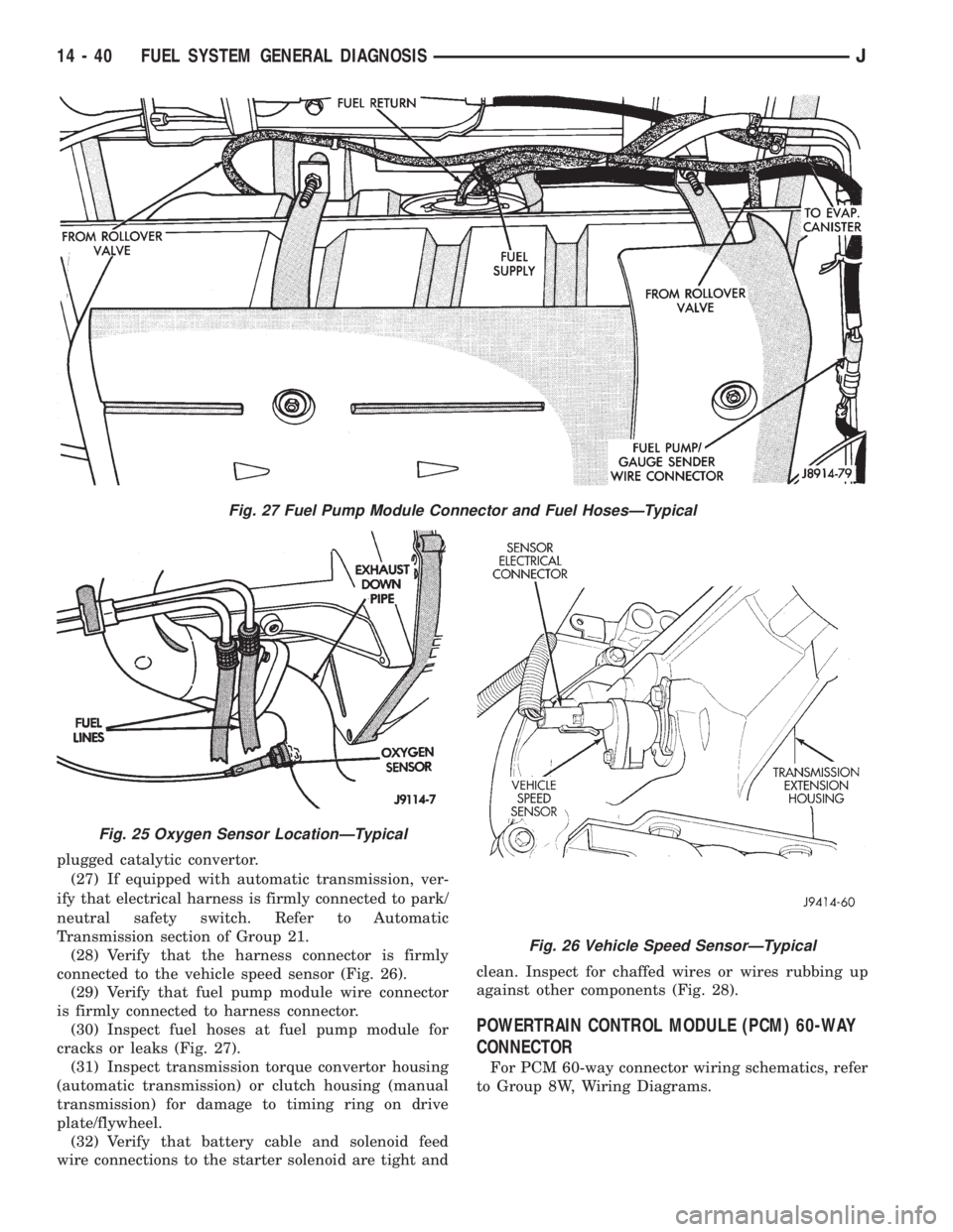 JEEP XJ 1995  Service And Repair Manual plugged catalytic convertor.
(27) If equipped with automatic transmission, ver-
ify that electrical harness is firmly connected to park/
neutral safety switch. Refer to Automatic
Transmission section 