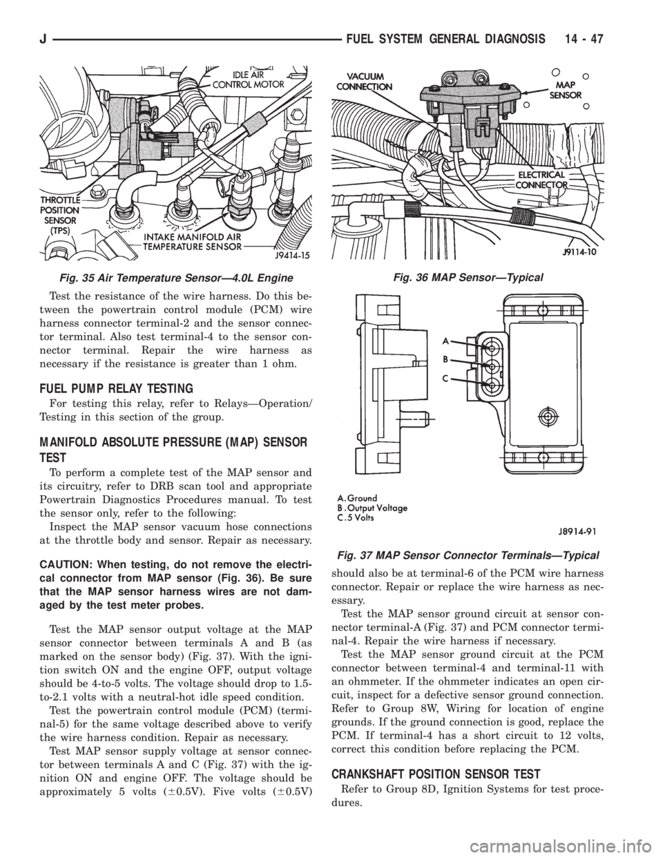 JEEP XJ 1995  Service And Repair Manual Test the resistance of the wire harness. Do this be-
tween the powertrain control module (PCM) wire
harness connector terminal-2 and the sensor connec-
tor terminal. Also test terminal-4 to the sensor