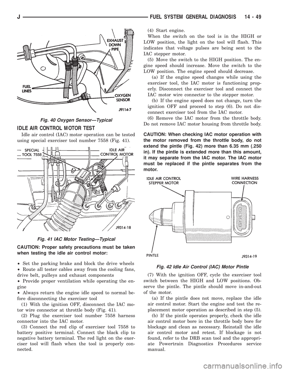 JEEP XJ 1995  Service And Repair Manual IDLE AIR CONTROL MOTOR TEST
Idle air control (IAC) motor operation can be tested
using special exerciser tool number 7558 (Fig. 41).
CAUTION: Proper safety precautions must be taken
when testing the i