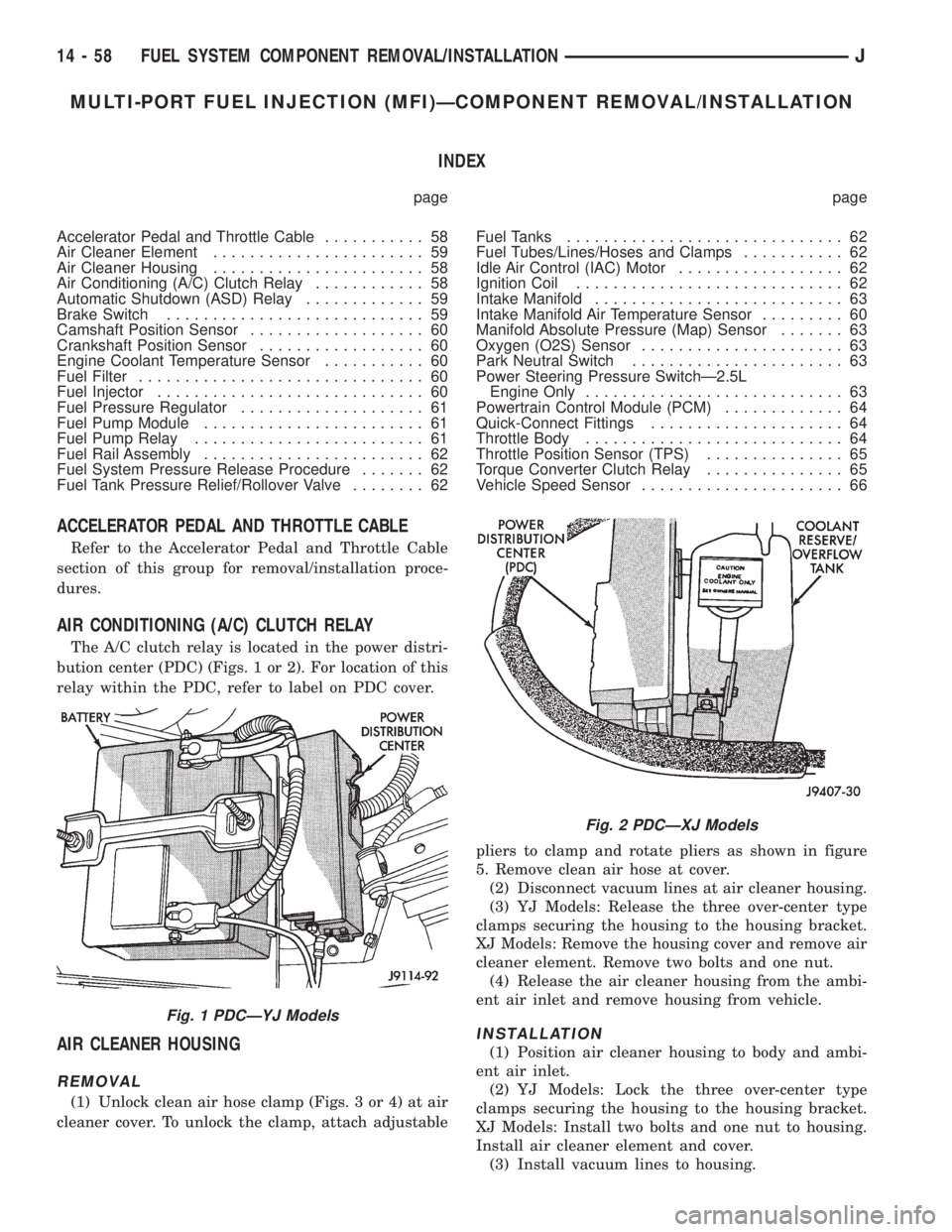 JEEP XJ 1995  Service And Repair Manual MULTI-PORT FUEL INJECTION (MFI)ÐCOMPONENT REMOVAL/INSTALLATION
INDEX
page page
Accelerator Pedal and Throttle Cable........... 58
Air Cleaner Element....................... 59
Air Cleaner Housing....