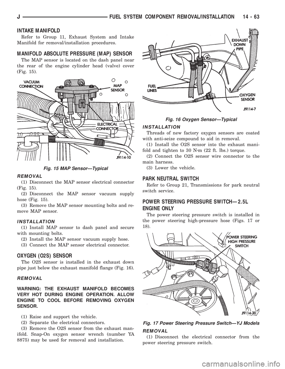 JEEP XJ 1995  Service And Repair Manual INTAKE MANIFOLD
Refer to Group 11, Exhaust System and Intake
Manifold for removal/installation procedures.
MANIFOLD ABSOLUTE PRESSURE (MAP) SENSOR
The MAP sensor is located on the dash panel near
the 