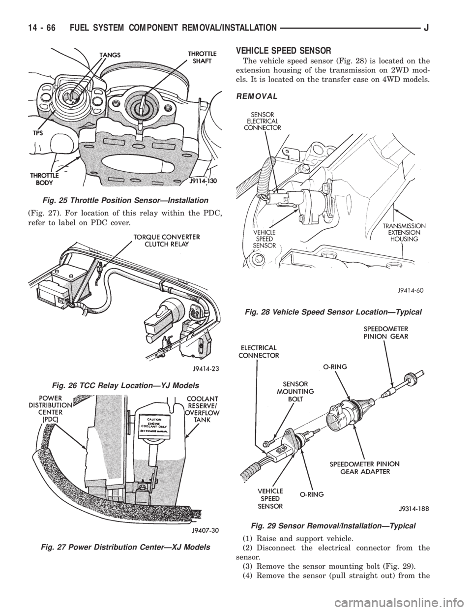 JEEP XJ 1995  Service And Repair Manual (Fig. 27). For location of this relay within the PDC,
refer to label on PDC cover.
VEHICLE SPEED SENSOR
The vehicle speed sensor (Fig. 28) is located on the
extension housing of the transmission on 2W