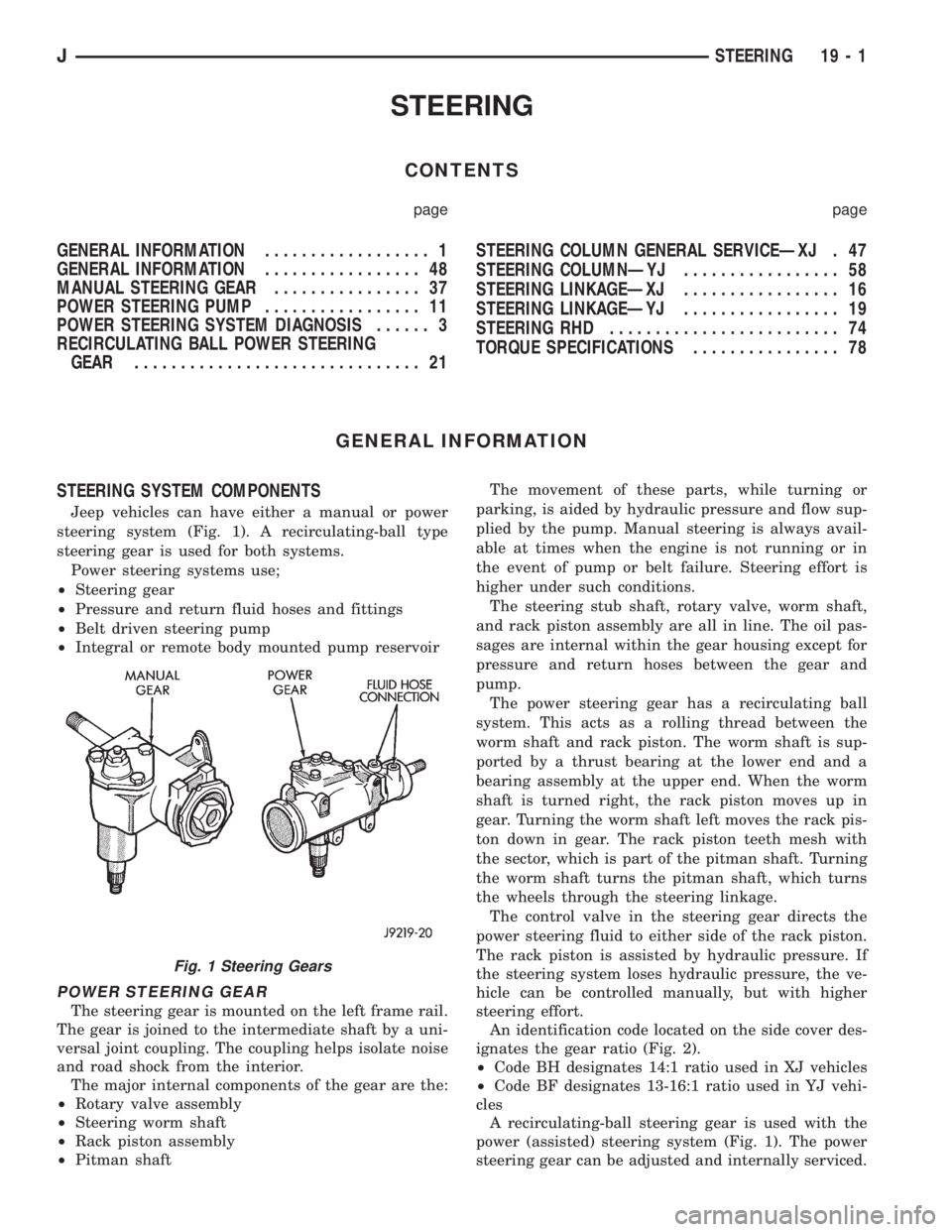JEEP XJ 1995 Service And Repair Manual STEERING
CONTENTS
page page
GENERAL INFORMATION.................. 1
GENERAL INFORMATION................. 48
MANUAL STEERING GEAR................ 37
POWER STEERING PUMP................. 11
POWER STEERI JEEP XJ 1995 Service And Repair Manual STEERING
CONTENTS
page page
GENERAL INFORMATION.................. 1
GENERAL INFORMATION................. 48
MANUAL STEERING GEAR................ 37
POWER STEERING PUMP................. 11
POWER STEERI