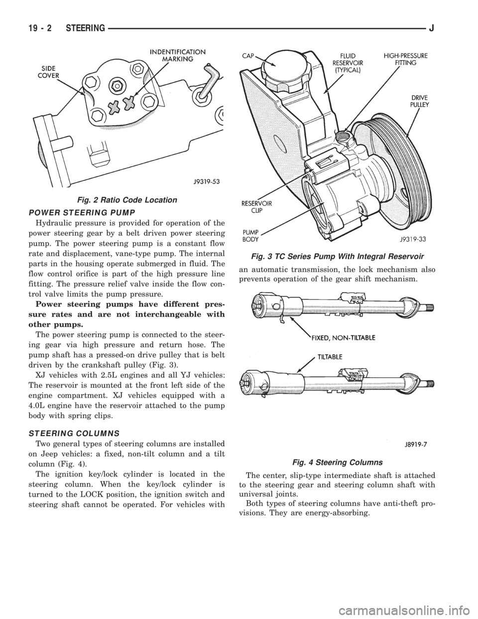 JEEP XJ 1995 Service And Repair Manual POWER STEERING PUMP
Hydraulic pressure is provided for operation of the
power steering gear by a belt driven power steering
pump. The power steering pump is a constant flow
rate and displacement, vane JEEP XJ 1995 Service And Repair Manual POWER STEERING PUMP
Hydraulic pressure is provided for operation of the
power steering gear by a belt driven power steering
pump. The power steering pump is a constant flow
rate and displacement, vane