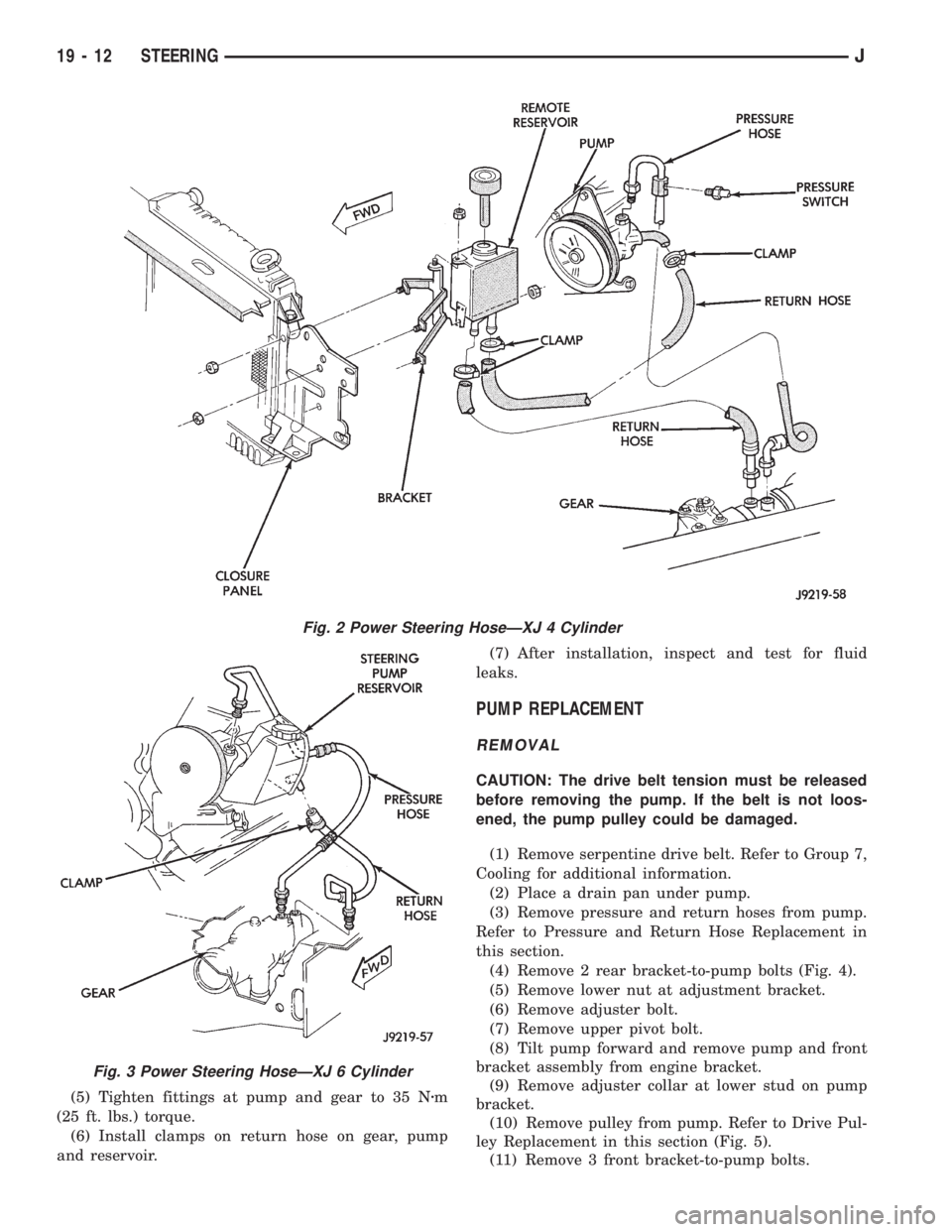 JEEP XJ 1995 Service And Repair Manual (5) Tighten fittings at pump and gear to 35 Nzm
(25 ft. lbs.) torque.
(6) Install clamps on return hose on gear, pump
and reservoir.(7) After installation, inspect and test for fluid
leaks.
PUMP REPLA JEEP XJ 1995 Service And Repair Manual (5) Tighten fittings at pump and gear to 35 Nzm
(25 ft. lbs.) torque.
(6) Install clamps on return hose on gear, pump
and reservoir.(7) After installation, inspect and test for fluid
leaks.
PUMP REPLA