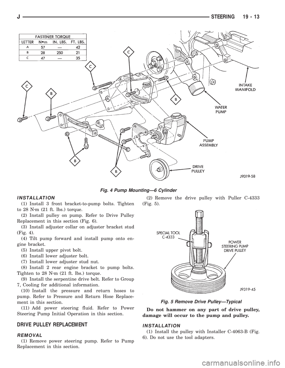 JEEP XJ 1995 Service And Repair Manual INSTALLATION
(1) Install 3 front bracket-to-pump bolts. Tighten
to 28 Nzm (21 ft. lbs.) torque.
(2) Install pulley on pump. Refer to Drive Pulley
Replacement in this section (Fig. 6).
(3) Install adju JEEP XJ 1995 Service And Repair Manual INSTALLATION
(1) Install 3 front bracket-to-pump bolts. Tighten
to 28 Nzm (21 ft. lbs.) torque.
(2) Install pulley on pump. Refer to Drive Pulley
Replacement in this section (Fig. 6).
(3) Install adju