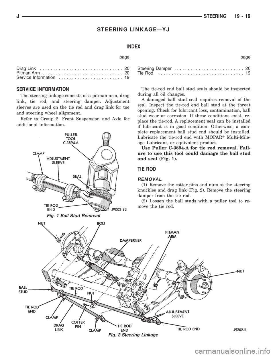 JEEP XJ 1995 Service And Repair Manual STEERING LINKAGEÐYJ
INDEX
page page
Drag Link............................... 20
Pitman Arm.............................. 20
Service Information........................ 19Steering Damper.............. JEEP XJ 1995 Service And Repair Manual STEERING LINKAGEÐYJ
INDEX
page page
Drag Link............................... 20
Pitman Arm.............................. 20
Service Information........................ 19Steering Damper..............