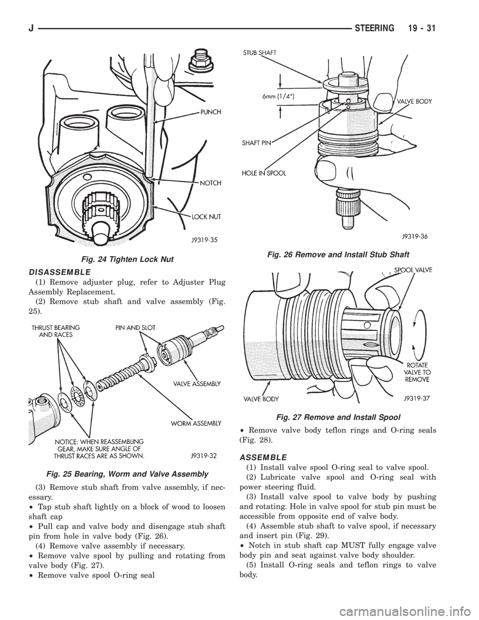 JEEP XJ 1995 Service And Repair Manual DISASSEMBLE
(1) Remove adjuster plug, refer to Adjuster Plug
Assembly Replacement.
(2) Remove stub shaft and valve assembly (Fig.
25).
(3) Remove stub shaft from valve assembly, if nec-
essary.
²Tap JEEP XJ 1995 Service And Repair Manual DISASSEMBLE
(1) Remove adjuster plug, refer to Adjuster Plug
Assembly Replacement.
(2) Remove stub shaft and valve assembly (Fig.
25).
(3) Remove stub shaft from valve assembly, if nec-
essary.
²Tap