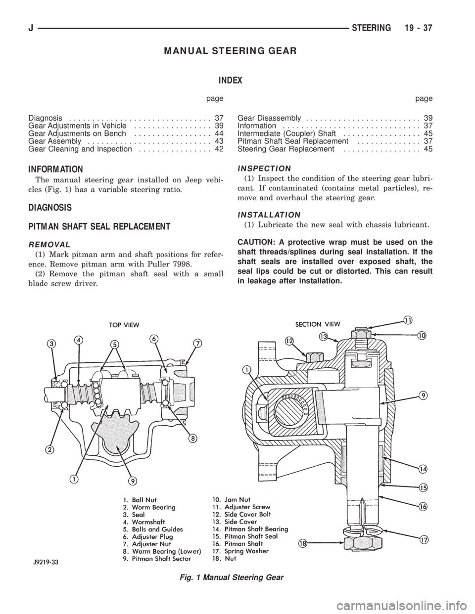 JEEP XJ 1995 Service And Repair Manual MANUAL STEERING GEAR
INDEX
page page
Diagnosis............................... 37
Gear Adjustments in Vehicle................. 39
Gear Adjustments on Bench................. 44
Gear Assembly............ JEEP XJ 1995 Service And Repair Manual MANUAL STEERING GEAR
INDEX
page page
Diagnosis............................... 37
Gear Adjustments in Vehicle................. 39
Gear Adjustments on Bench................. 44
Gear Assembly............