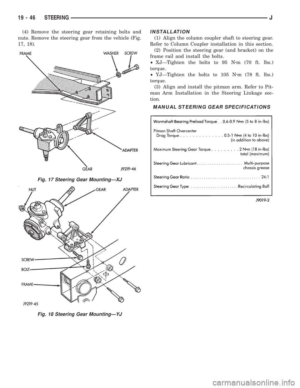 JEEP XJ 1995 Service And Repair Manual (4) Remove the steering gear retaining bolts and
nuts. Remove the steering gear from the vehicle (Fig.
17, 18).INSTALLATION
(1) Align the column coupler shaft to steering gear.
Refer to Column Coupler JEEP XJ 1995 Service And Repair Manual (4) Remove the steering gear retaining bolts and
nuts. Remove the steering gear from the vehicle (Fig.
17, 18).INSTALLATION
(1) Align the column coupler shaft to steering gear.
Refer to Column Coupler