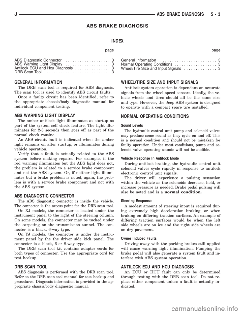 JEEP XJ 1995  Service And Repair Manual ABS BRAKE DIAGNOSIS
INDEX
page page
ABS Diagnostic Connector................... 3
ABS Warning Light Display................... 3
Antilock ECU and Hcu Diagnosis............... 3
DRB Scan Tool..........