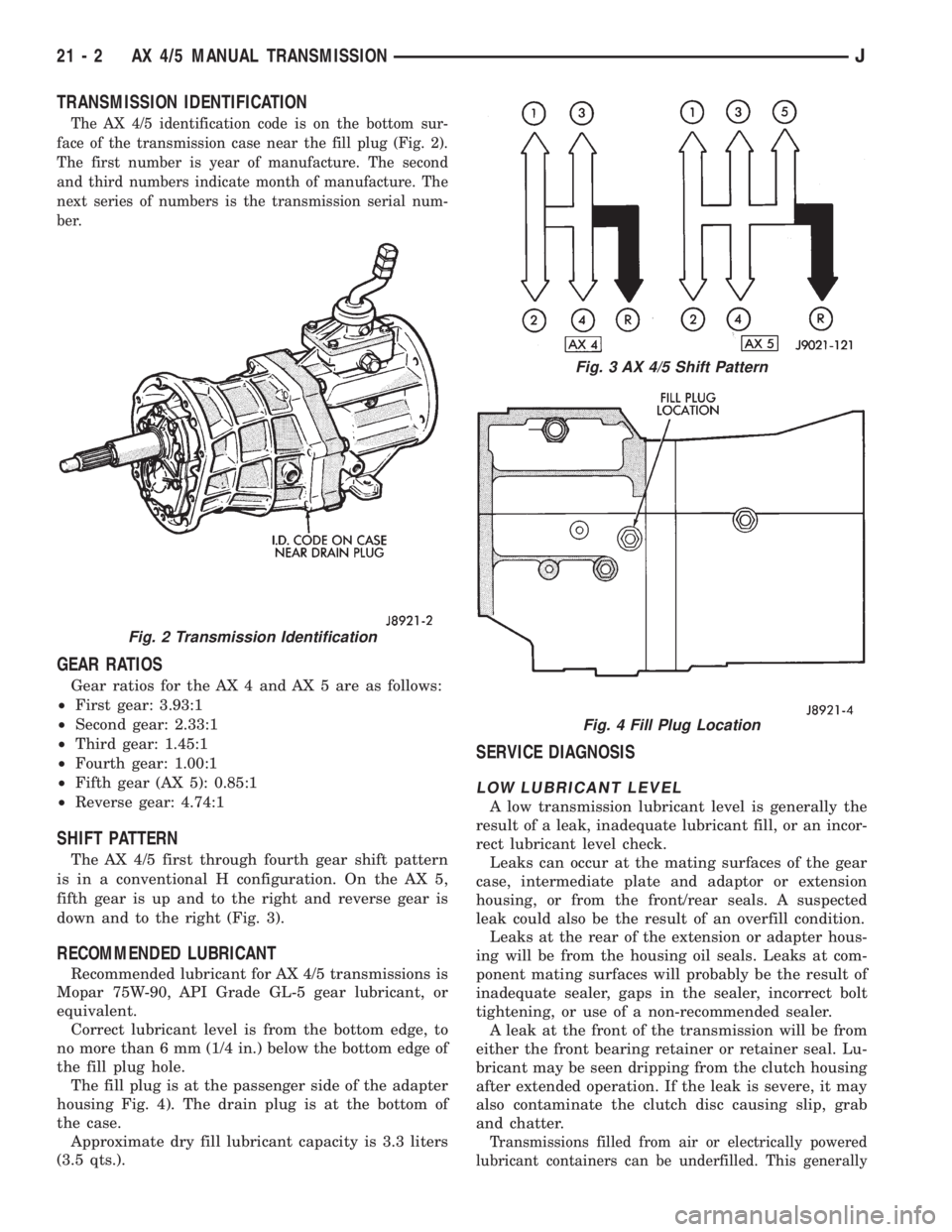 JEEP XJ 1995  Service And Repair Manual TRANSMISSION IDENTIFICATION
The AX 4/5 identification code is on the bottom sur-
face of the transmission case near the fill plug (Fig. 2).
The first number is year of manufacture. The second
and thir