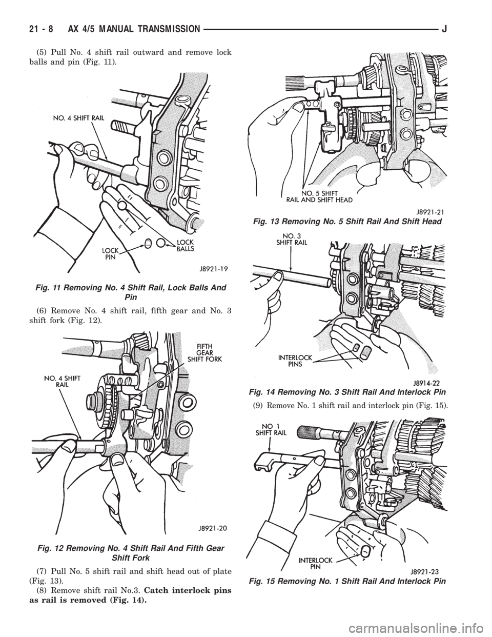 JEEP XJ 1995 Service And Repair Manual (5) Pull No. 4 shift rail outward and remove lock
balls and pin (Fig. 11).
(6) Remove No. 4 shift rail, fifth gear and No. 3
shift fork (Fig. 12).
(7) Pull No. 5 shift rail and shift head out of plate JEEP XJ 1995 Service And Repair Manual (5) Pull No. 4 shift rail outward and remove lock
balls and pin (Fig. 11).
(6) Remove No. 4 shift rail, fifth gear and No. 3
shift fork (Fig. 12).
(7) Pull No. 5 shift rail and shift head out of plate