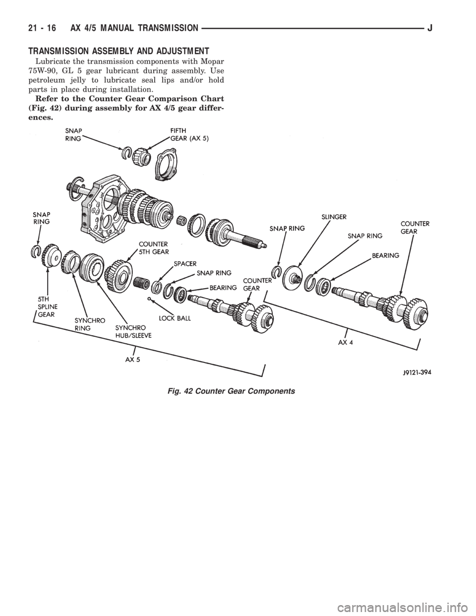 JEEP XJ 1995  Service And Repair Manual TRANSMISSION ASSEMBLY AND ADJUSTMENT
Lubricate the transmission components with Mopar
75W-90, GL 5 gear lubricant during assembly. Use
petroleum jelly to lubricate seal lips and/or hold
parts in place