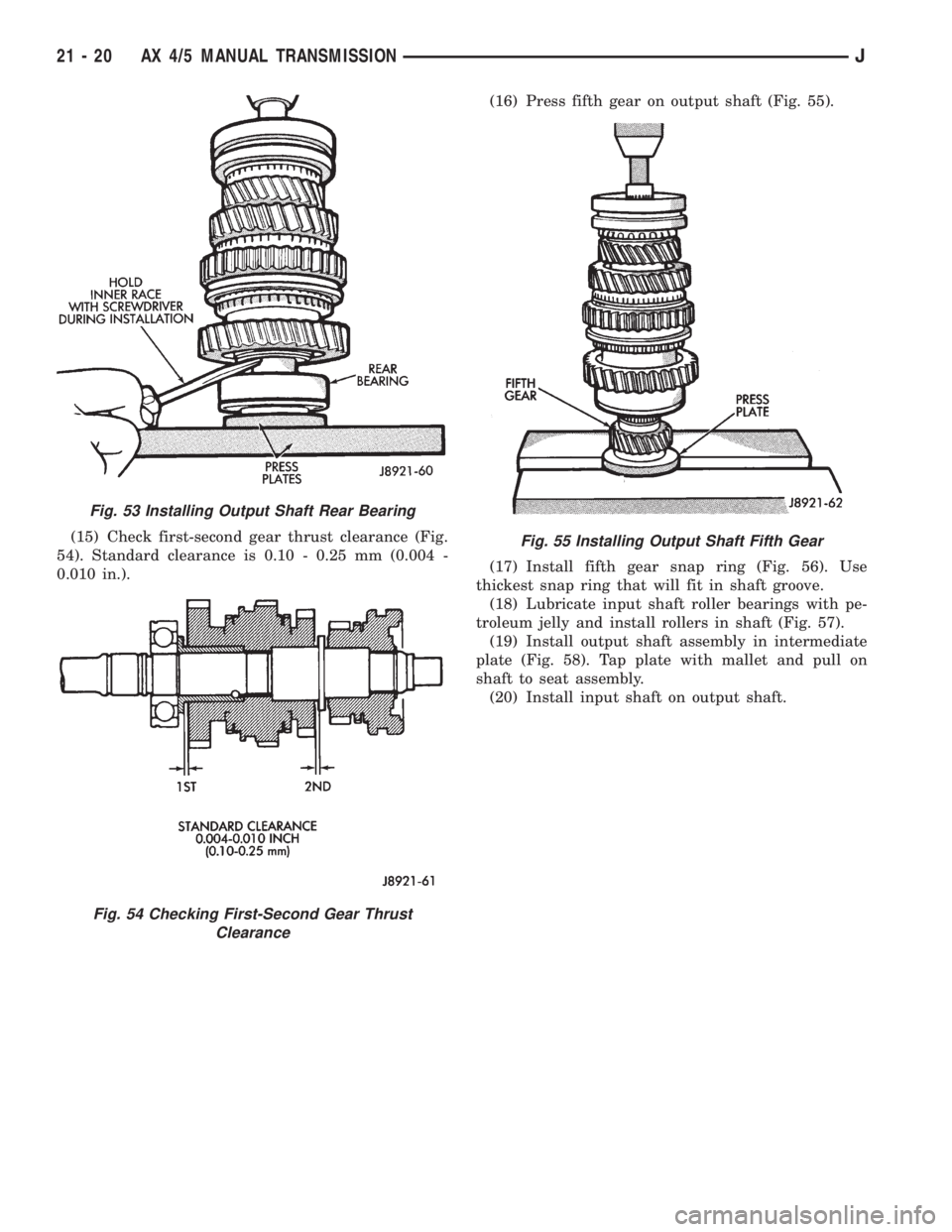 JEEP XJ 1995  Service And Repair Manual (15) Check first-second gear thrust clearance (Fig.
54). Standard clearance is 0.10 - 0.25 mm (0.004 -
0.010 in.).(16) Press fifth gear on output shaft (Fig. 55).
(17) Install fifth gear snap ring (Fi