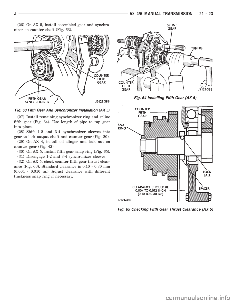JEEP XJ 1995  Service And Repair Manual (26) On AX 5, install assembled gear and synchro-
nizer on counter shaft (Fig. 63).
(27) Install remaining synchronizer ring and spline
fifth gear (Fig. 64). Use length of pipe to tap gear
into place.