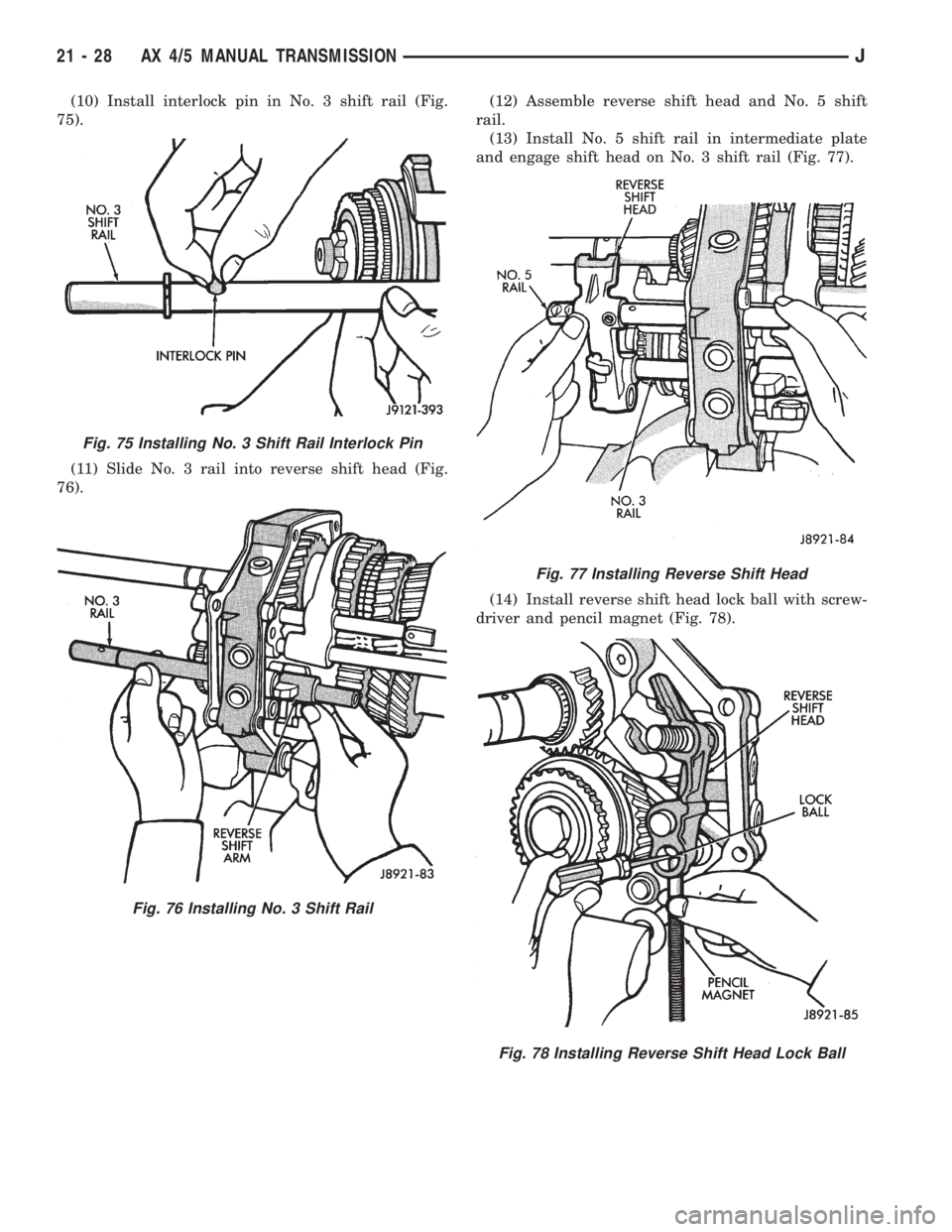 JEEP XJ 1995  Service And Repair Manual (10) Install interlock pin in No. 3 shift rail (Fig.
75).
(11) Slide No. 3 rail into reverse shift head (Fig.
76).(12) Assemble reverse shift head and No. 5 shift
rail.
(13) Install No. 5 shift rail i