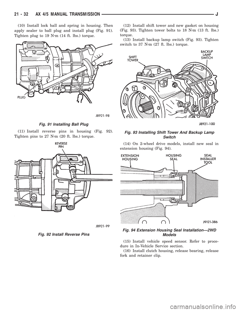 JEEP XJ 1995  Service And Repair Manual (10) Install lock ball and spring in housing. Then
apply sealer to ball plug and install plug (Fig. 91).
Tighten plug to 19 Nzm (14 ft. lbs.) torque.
(11) Install reverse pins in housing (Fig. 92).
Ti