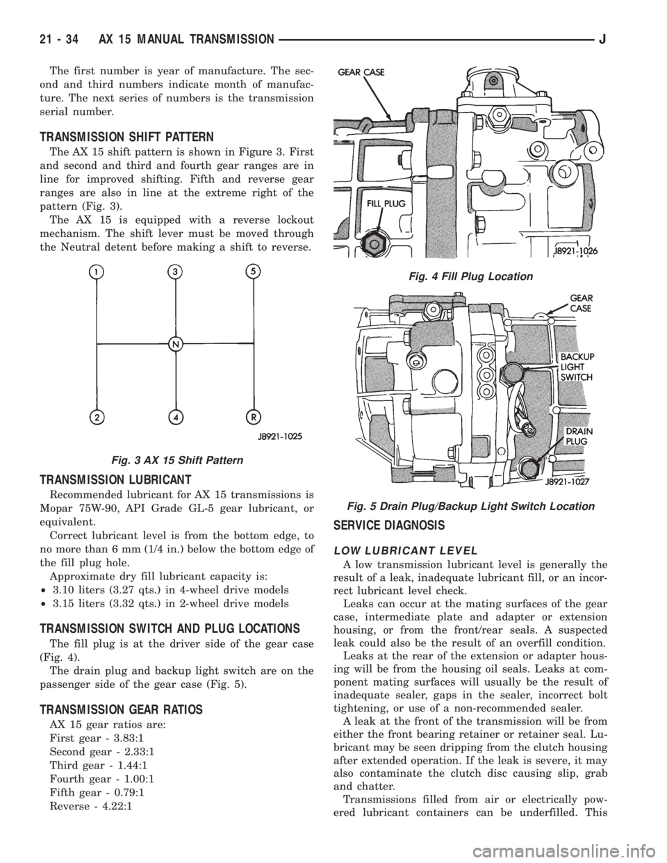 JEEP XJ 1995 Service And Repair Manual The first number is year of manufacture. The sec-
ond and third numbers indicate month of manufac-
ture. The next series of numbers is the transmission
serial number.
TRANSMISSION SHIFT PATTERN
The AX JEEP XJ 1995 Service And Repair Manual The first number is year of manufacture. The sec-
ond and third numbers indicate month of manufac-
ture. The next series of numbers is the transmission
serial number.
TRANSMISSION SHIFT PATTERN
The AX