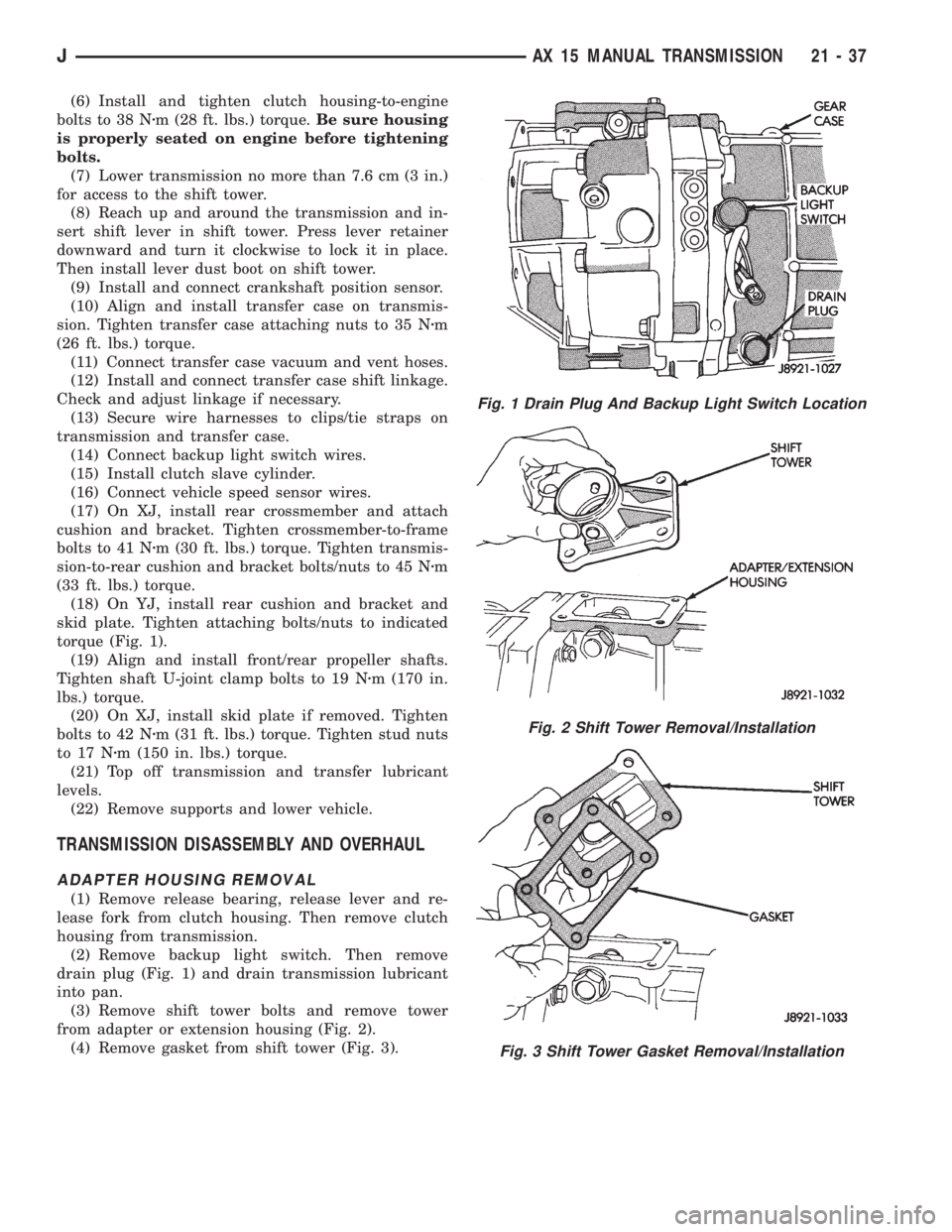 JEEP XJ 1995  Service And Repair Manual (6) Install and tighten clutch housing-to-engine
bolts to 38 Nzm (28 ft. lbs.) torque.Be sure housing
is properly seated on engine before tightening
bolts.
(7) Lower transmission no more than 7.6 cm (