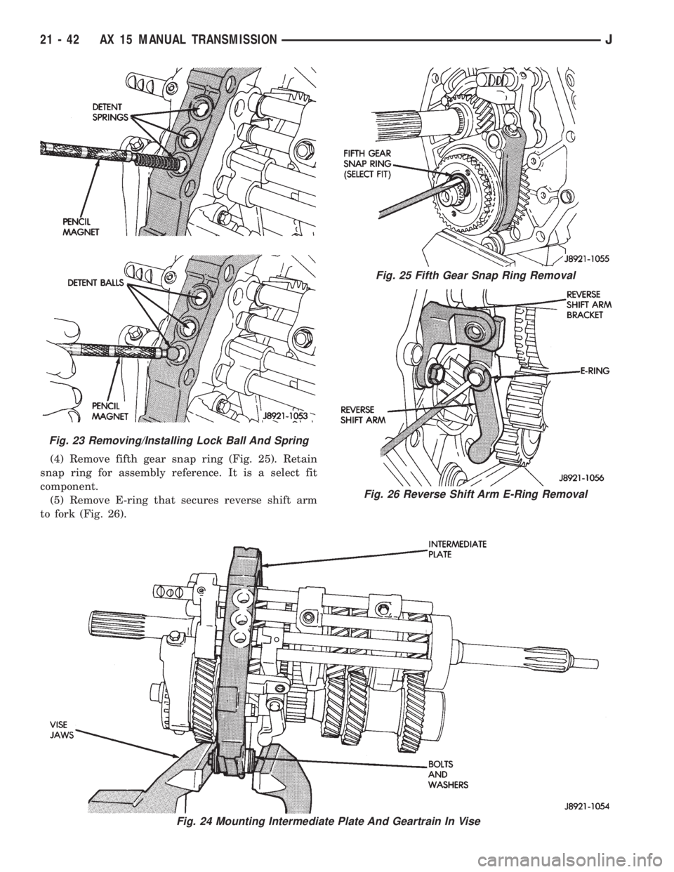 JEEP XJ 1995  Service And Repair Manual (4) Remove fifth gear snap ring (Fig. 25). Retain
snap ring for assembly reference. It is a select fit
component.
(5) Remove E-ring that secures reverse shift arm
to fork (Fig. 26).
Fig. 24 Mounting I