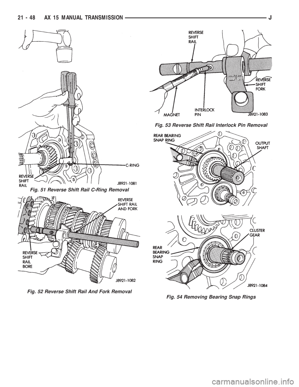 JEEP XJ 1995  Service And Repair Manual Fig. 51 Reverse Shift Rail C-Ring Removal
Fig. 52 Reverse Shift Rail And Fork Removal
Fig. 53 Reverse Shift Rail Interlock Pin Removal
Fig. 54 Removing Bearing Snap Rings
21 - 48 AX 15 MANUAL TRANSMIS