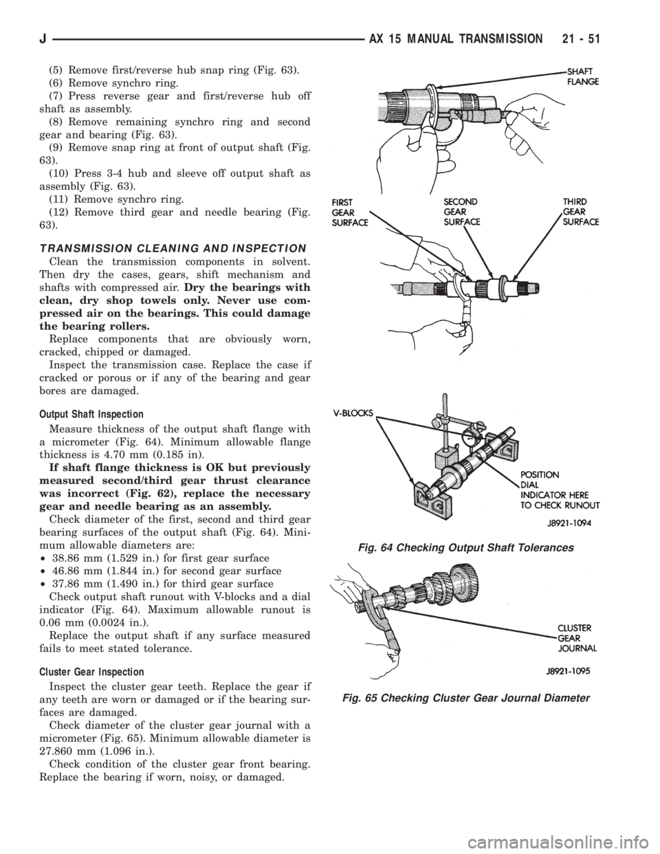 JEEP XJ 1995 Service And Repair Manual (5) Remove first/reverse hub snap ring (Fig. 63).
(6) Remove synchro ring.
(7) Press reverse gear and first/reverse hub off
shaft as assembly.
(8) Remove remaining synchro ring and second
gear and bea JEEP XJ 1995 Service And Repair Manual (5) Remove first/reverse hub snap ring (Fig. 63).
(6) Remove synchro ring.
(7) Press reverse gear and first/reverse hub off
shaft as assembly.
(8) Remove remaining synchro ring and second
gear and bea