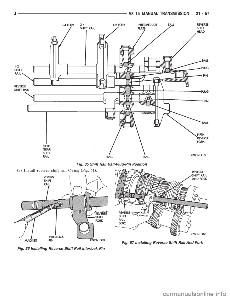 JEEP XJ 1995 Service And Repair Manual (3) Install reverse shift rail C-ring (Fig. 51).
Fig. 85 Shift Rail Ball-Plug-Pin Position
Fig. 86 Installing Reverse Shift Rail Interlock Pin
Fig. 87 Installing Reverse Shift Rail And Fork
JAX 15 MAN JEEP XJ 1995 Service And Repair Manual (3) Install reverse shift rail C-ring (Fig. 51).
Fig. 85 Shift Rail Ball-Plug-Pin Position
Fig. 86 Installing Reverse Shift Rail Interlock Pin
Fig. 87 Installing Reverse Shift Rail And Fork
JAX 15 MAN